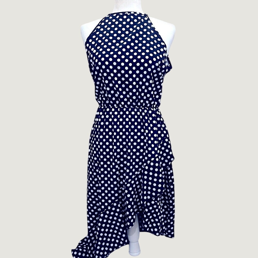 Claudia G Asymmetrical Halter Dress Womens Medium Navy Blue Polka Dot NWT